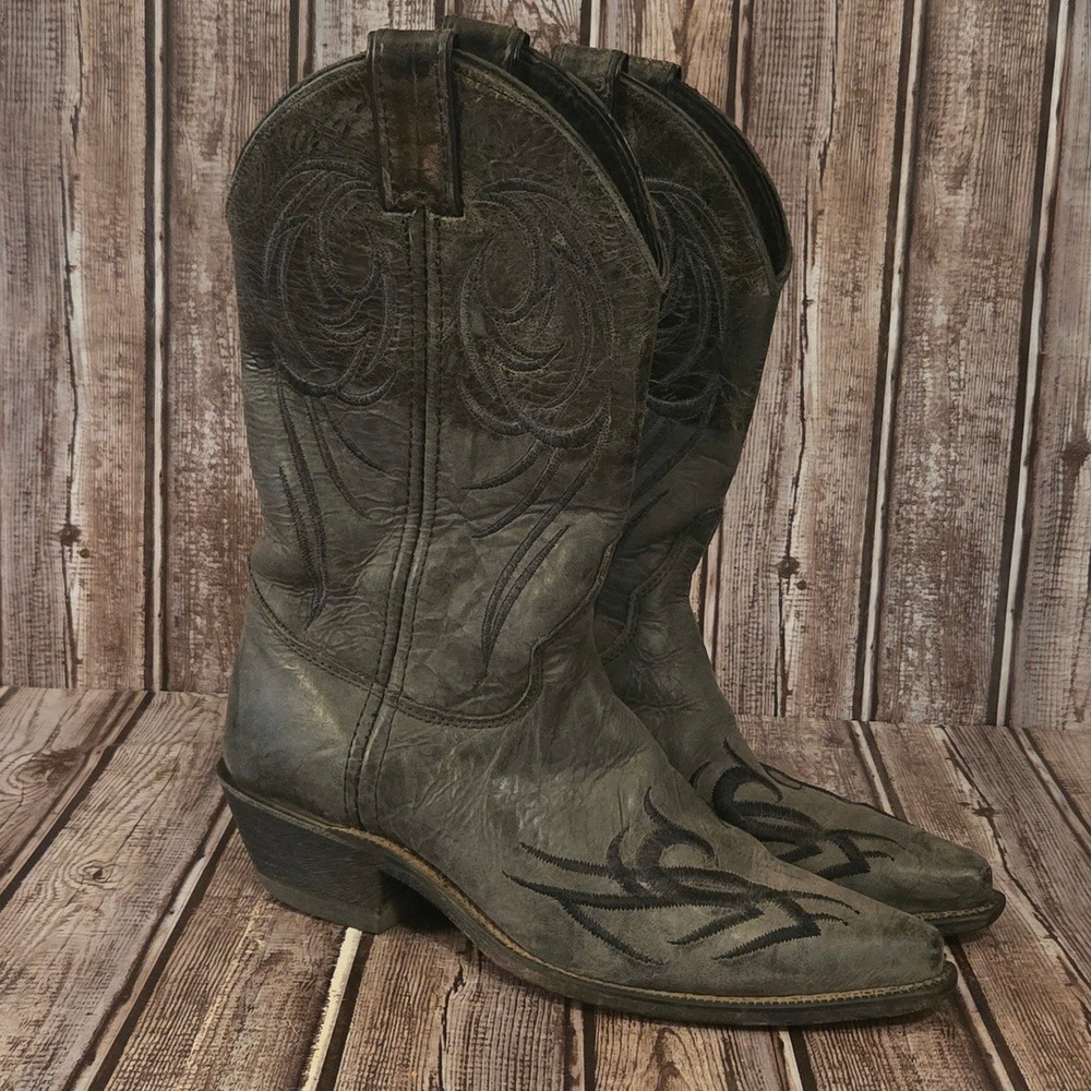 Sz 7 B Womens Justin Bent Rail Grey/ Black Leather Western Cowboy Boots VGUC